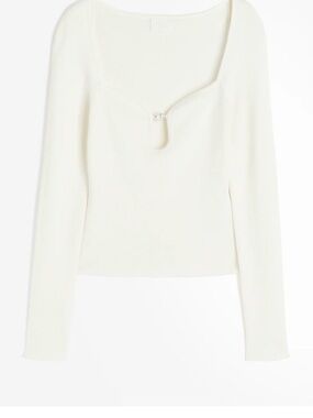 H&M Cream Long Sleeve Scoop Neck Top with Front Loop Detail